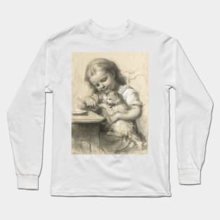 Girl Feeding a Cat by Fritz Zuber-Buhler Long Sleeve T-Shirt